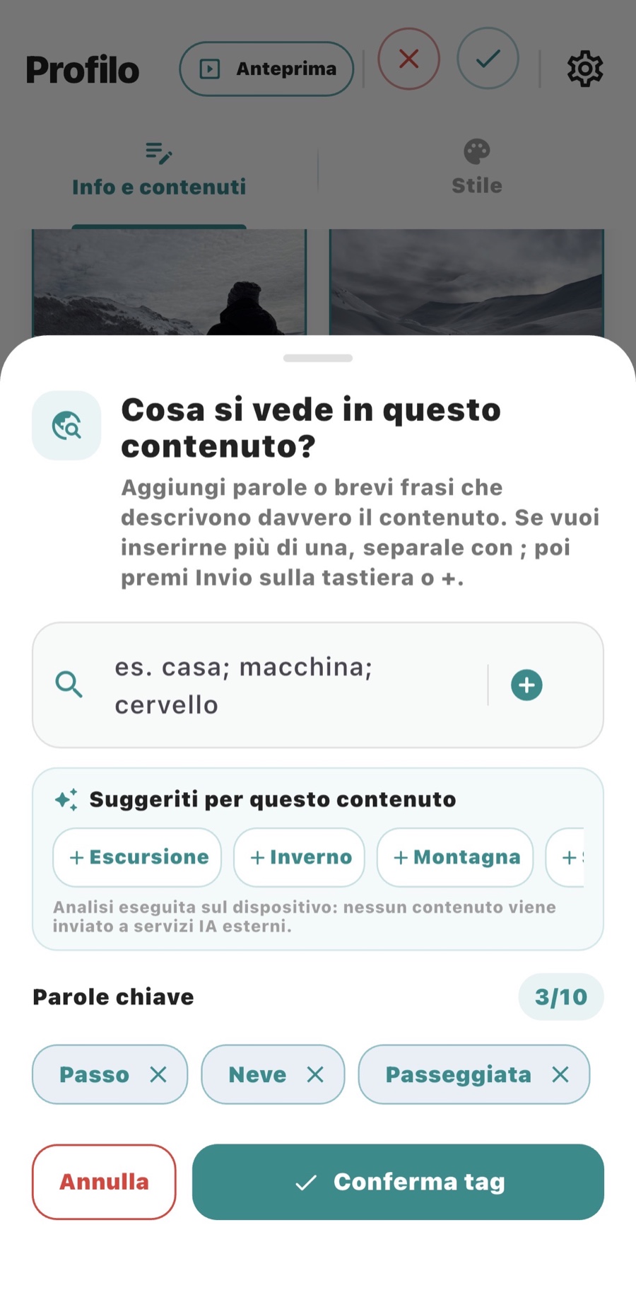 Aggiunta di parole chiave a un contenuto Tap-Search