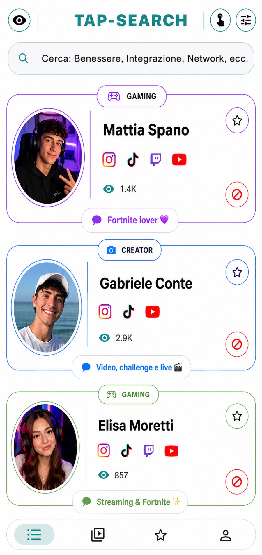 Profili e Mondi vicini nella Lista Tap-Search
